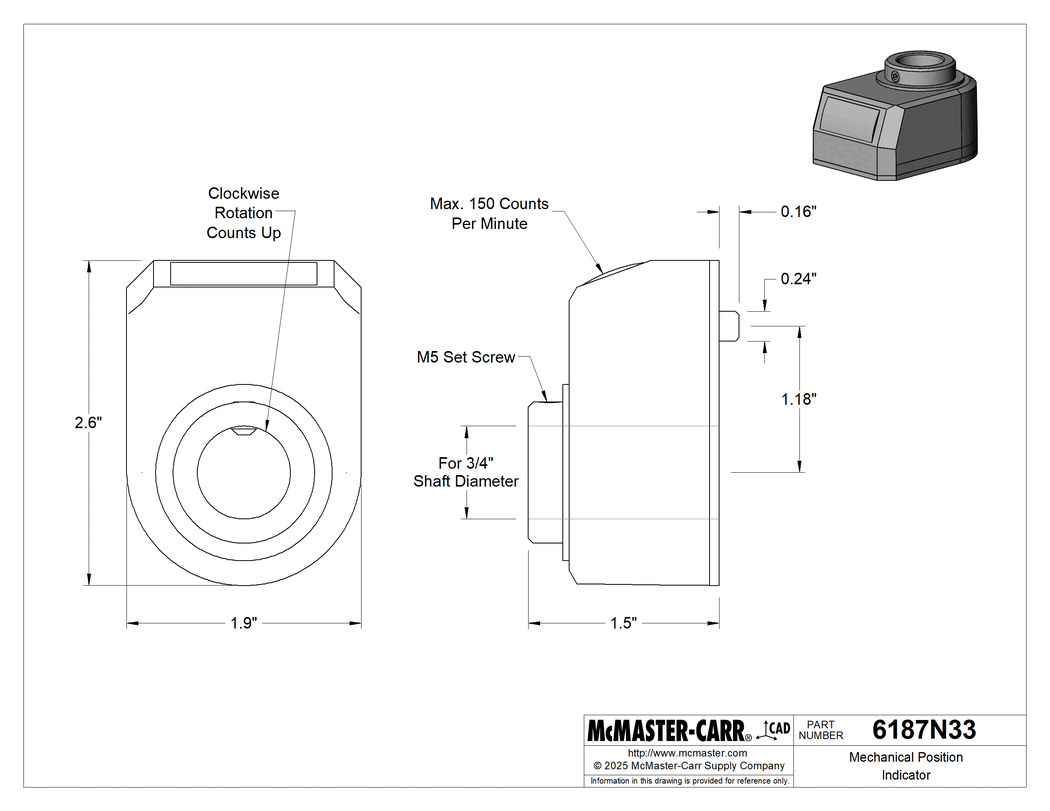 Technical Drawing of Mechanical Position Indicator, for 3/4" Diameter Vertical Shaft, 150 Maximum Counts Per Minute.